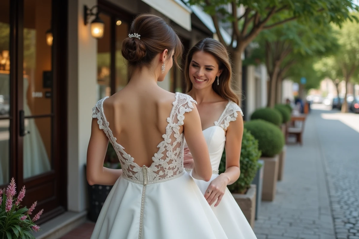 Deux femmes ajustant une robe de mariée devant un magasin