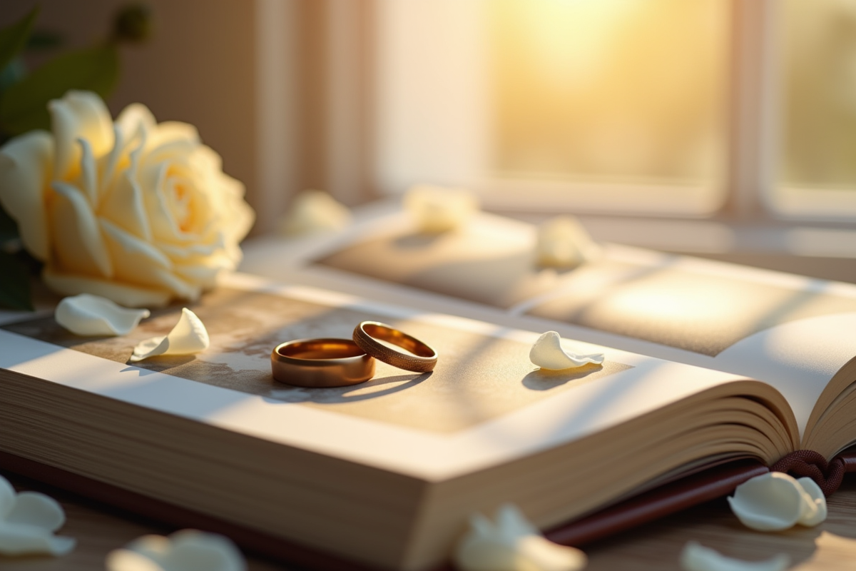Alliances de mariage sur un album photo avec des pétales de rose