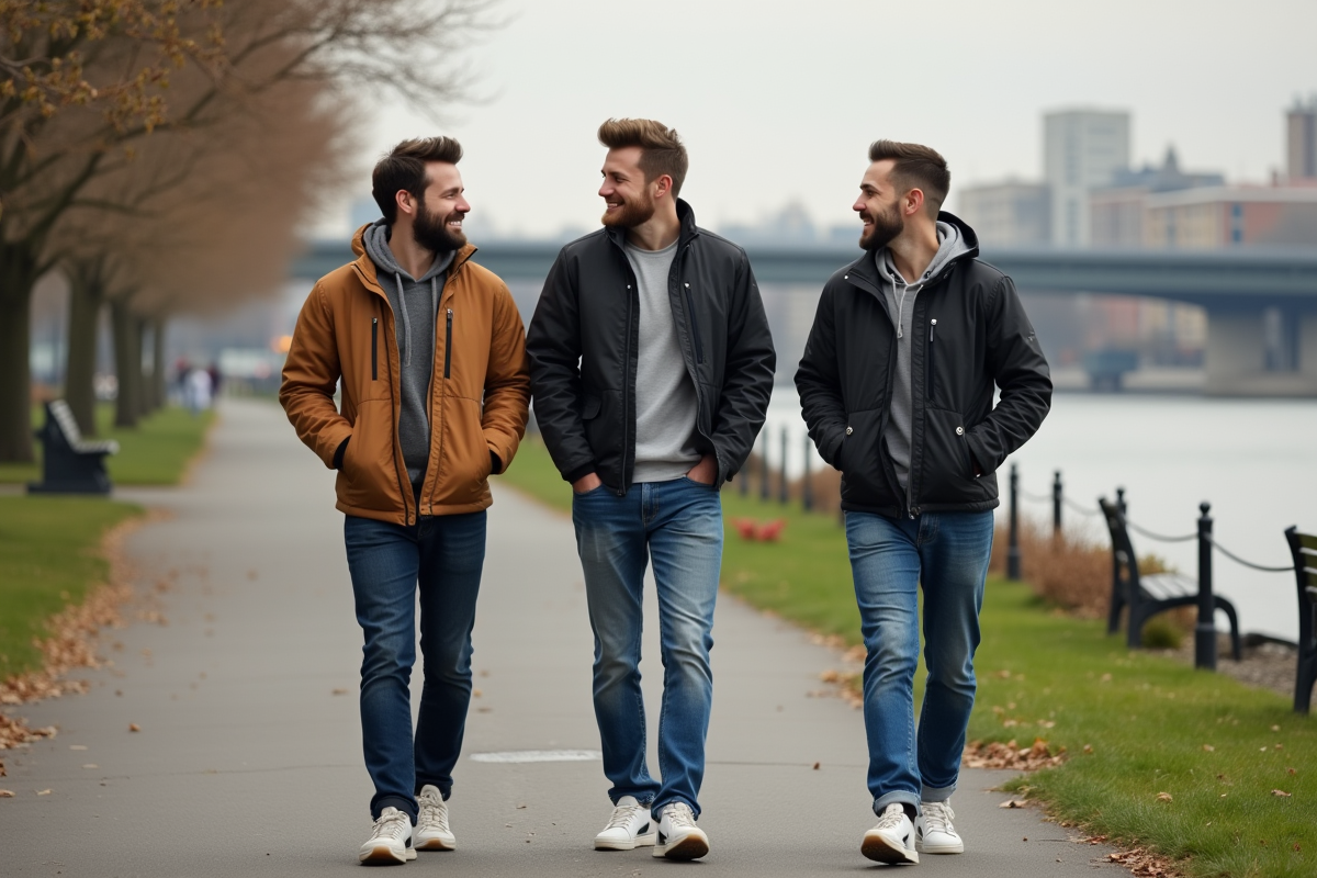 Trois amis en promenade au bord de la rivière au printemps