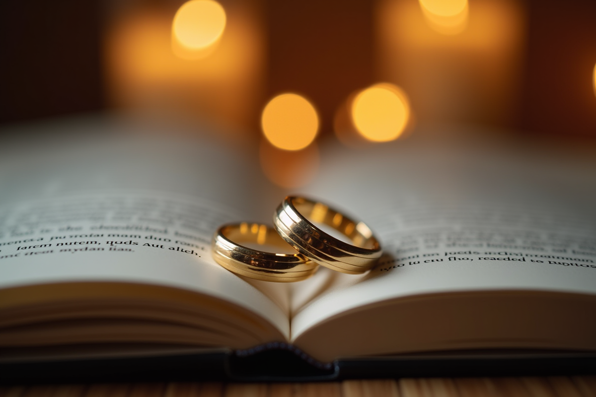 Anneaux de mariage sur un livre avec 24 ans écrits en intérieur
