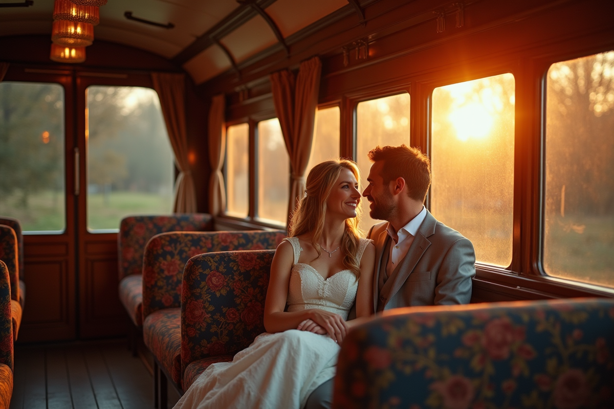 Couple fêtant leur anniversaire dans un wagon vintage