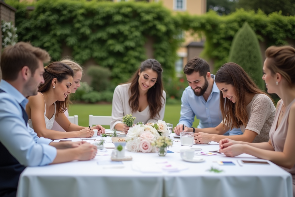 Groupe diversifié préparant un mariage lors d’un atelier en extérieur