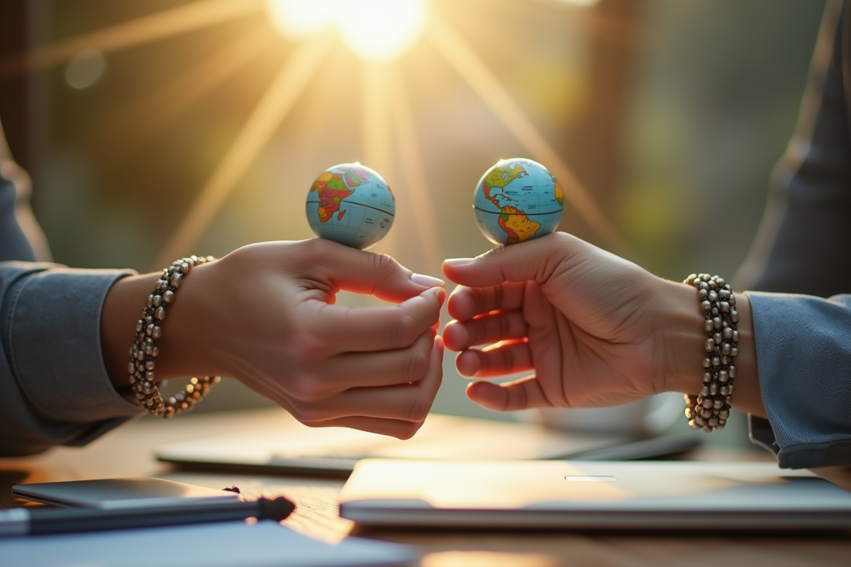 Mains tenant bracelets avec globes symbolisant la connexion