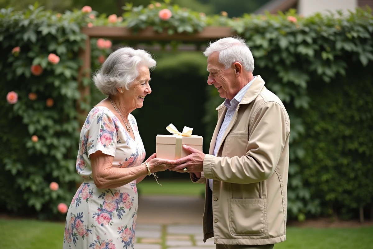 Couple âgé échangeant un cadeau dans un jardin fleuri pour célébrer leurs 55 ans de mariage, noces d'orchidée