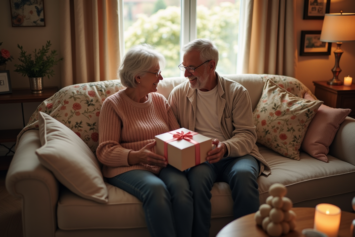 Couple échangeant des cadeaux dans un salon décoré pour l