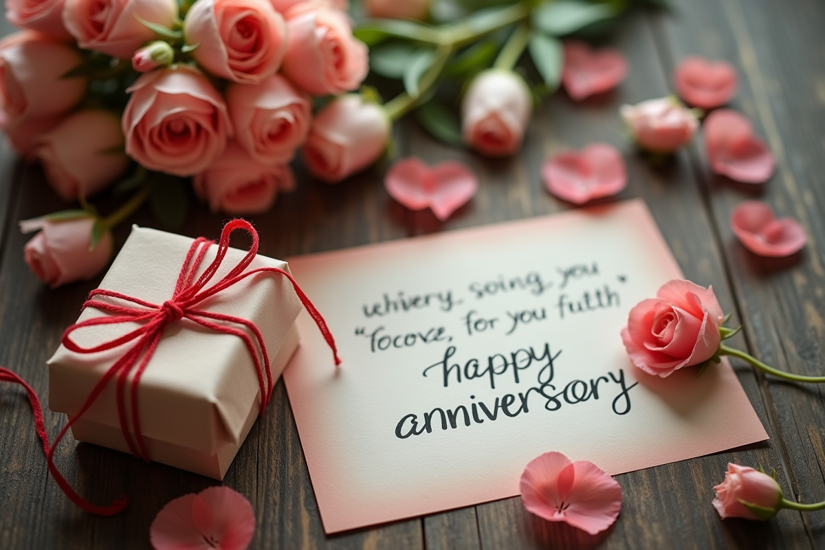 Cadeaux d anniversaire et note d amour sur table en bois rustique