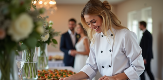 Traiteur mariage : prix, conseils et devis pour votre réception Cuisiniere souriante arrangeant un plateau d'amuse-bouches lors d'un mariage