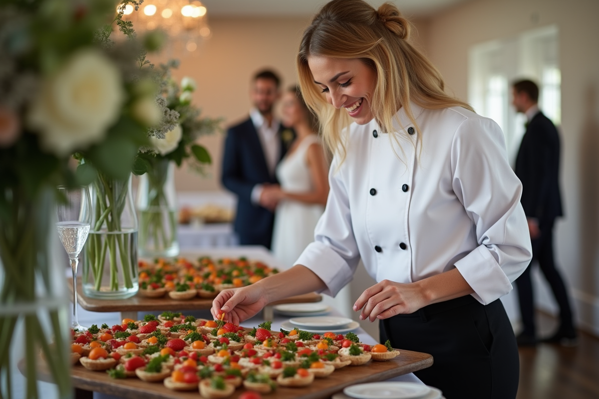Cuisiniere souriante arrangeant un plateau d'amuse-bouches lors d'un mariage