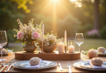 Centre de table en bois avec fleurs et bougies pour anniversaire