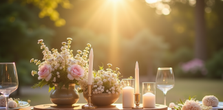 Centre de table en bois avec fleurs et bougies pour anniversaire