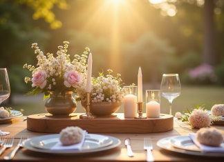 Centre de table en bois avec fleurs et bougies pour anniversaire