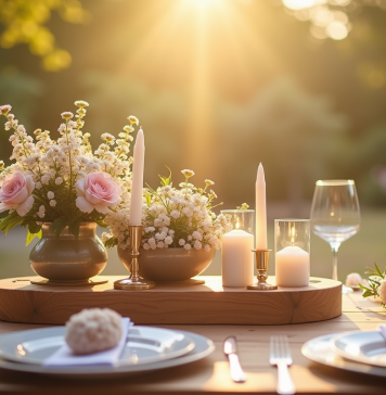 Centre de table en bois avec fleurs et bougies pour anniversaire