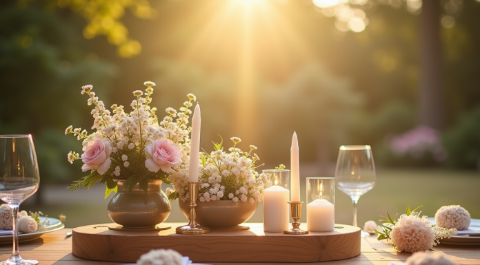 Centre de table en bois avec fleurs et bougies pour anniversaire