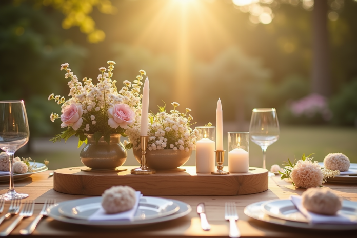 Centre de table en bois avec fleurs et bougies pour anniversaire