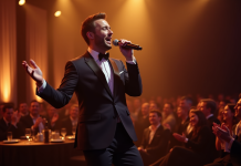 Chanteur charismatique en costume lors d'un spectacle d'entreprise