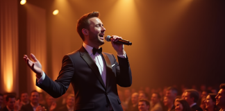 Chanteur charismatique en costume lors d'un spectacle d'entreprise