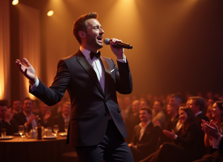 Chanteur charismatique en costume lors d'un spectacle d'entreprise