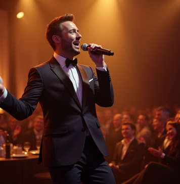 Chanteur charismatique en costume lors d'un spectacle d'entreprise