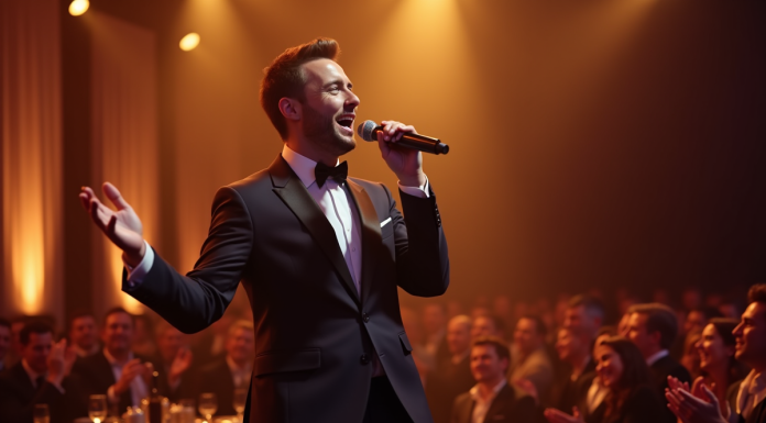 Chanteur charismatique en costume lors d'un spectacle d'entreprise