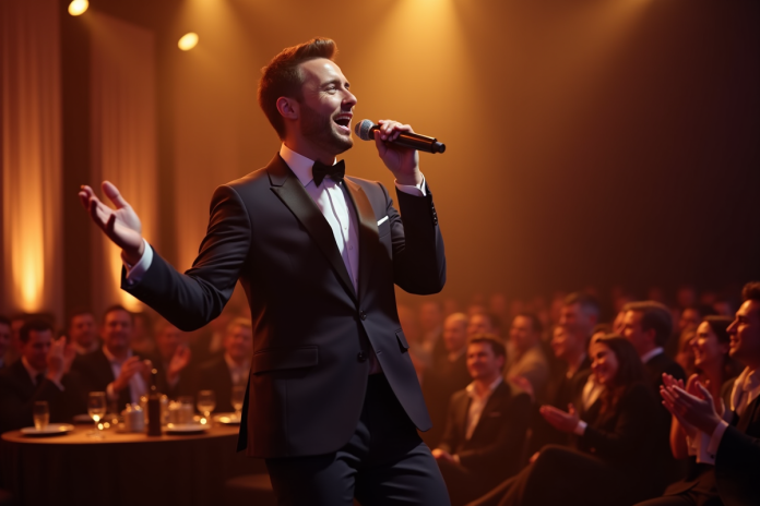 chanteur-spectacle-soiree-entreprise Chanteur charismatique en costume lors d'un spectacle d'entreprise