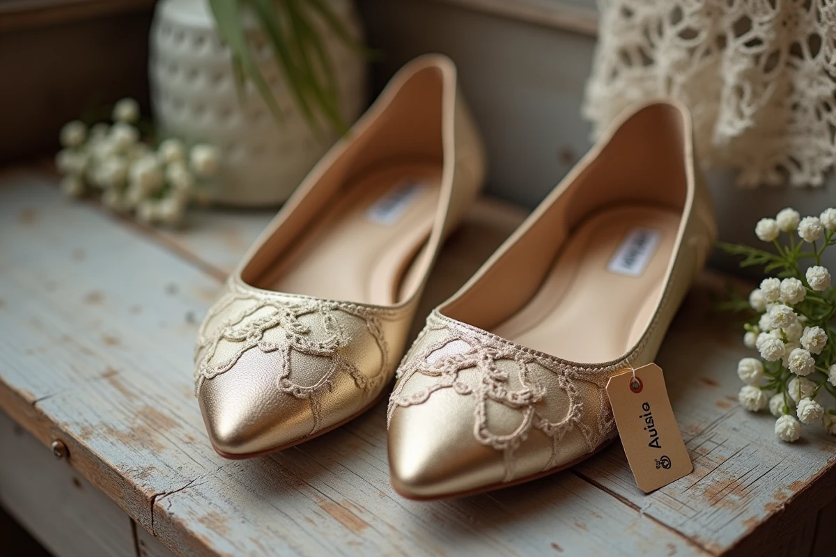 Chaussures de mariage dorées sur un banc en bois avec accessoires