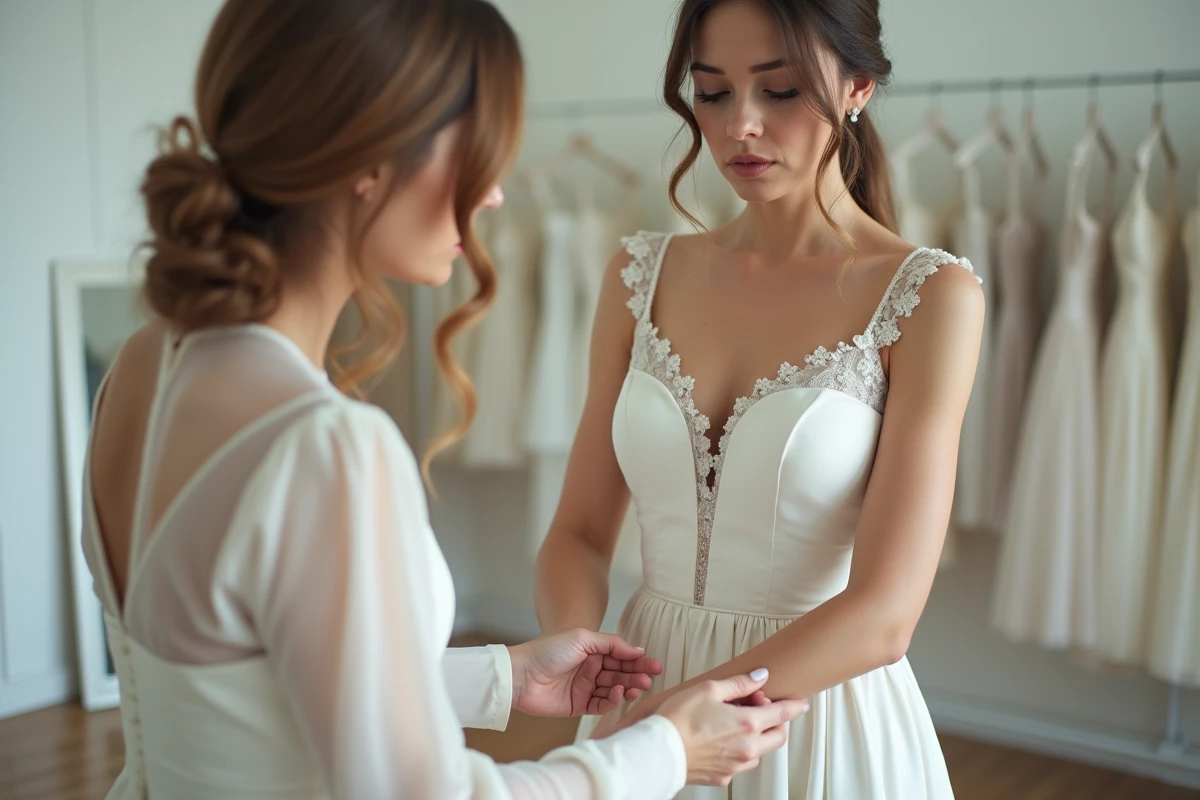 Conseillère en mariage ajustant la robe d