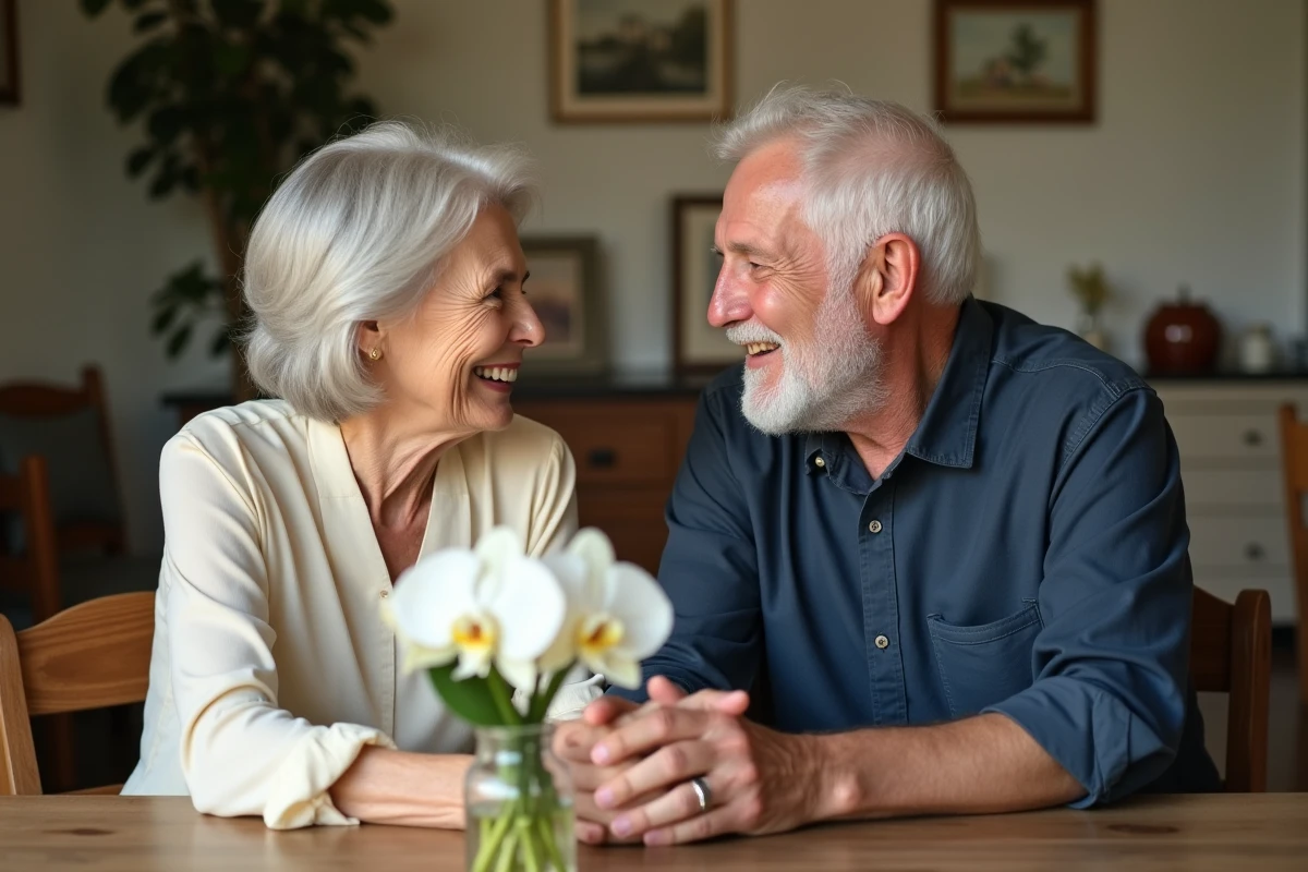 Couple de personnes âgées célébrant 55 ans de mariage, assis à une table en bois avec des fleurs blanches et des photos de famille en arrière-plan