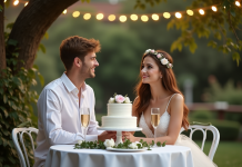 Jeune couple souriant lors d'un dîner d'anniversaire en extérieur