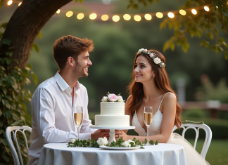 Jeune couple souriant lors d'un dîner d'anniversaire en extérieur