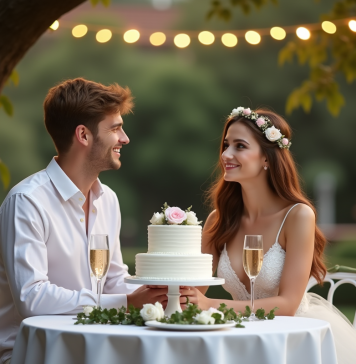 Jeune couple souriant lors d'un dîner d'anniversaire en extérieur