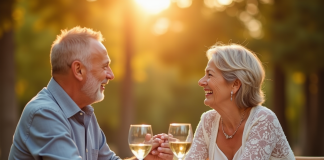 Couple d'âge moyen riant lors d'une célébration d'anniversaire en plein air