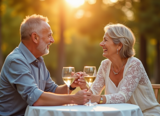 Comment fêter vos 42 ans de mariage de manière originale ? Couple d'âge moyen riant lors d'une célébration d'anniversaire en plein air