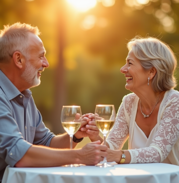 Couple d'âge moyen riant lors d'une célébration d'anniversaire en plein air