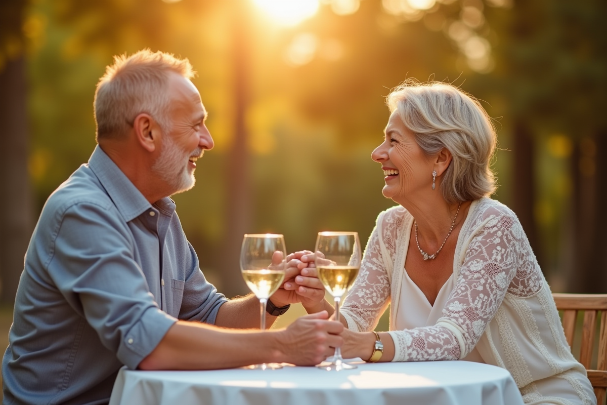 Couple d'âge moyen riant lors d'une célébration d'anniversaire en plein air