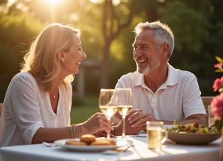 Célébrer 24 ans de mariage : idées et traditions Couple mature riant lors d une célébration d anniversaire en plein air