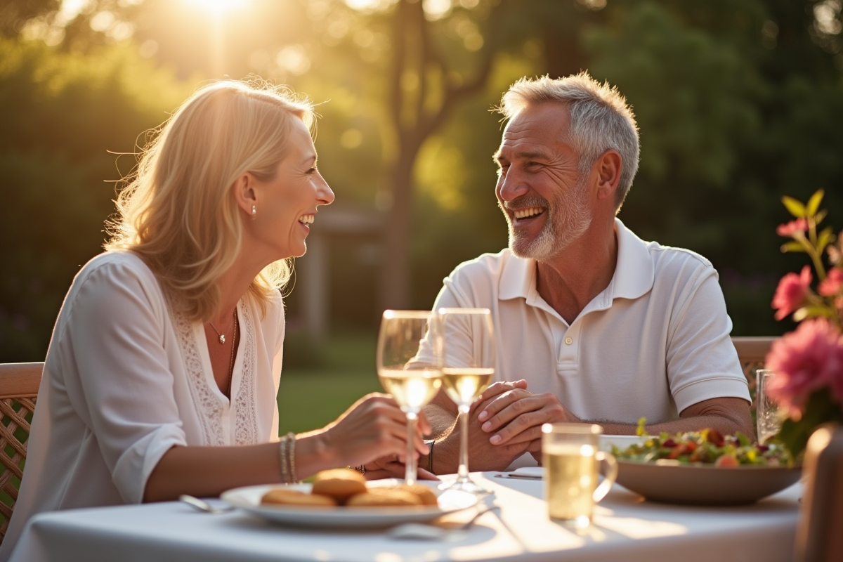 Couple mature riant lors d une célébration d anniversaire en plein air