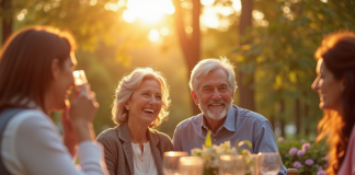Couple mature célébrant leur anniversaire en plein air