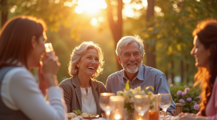 Couple mature célébrant leur anniversaire en plein air