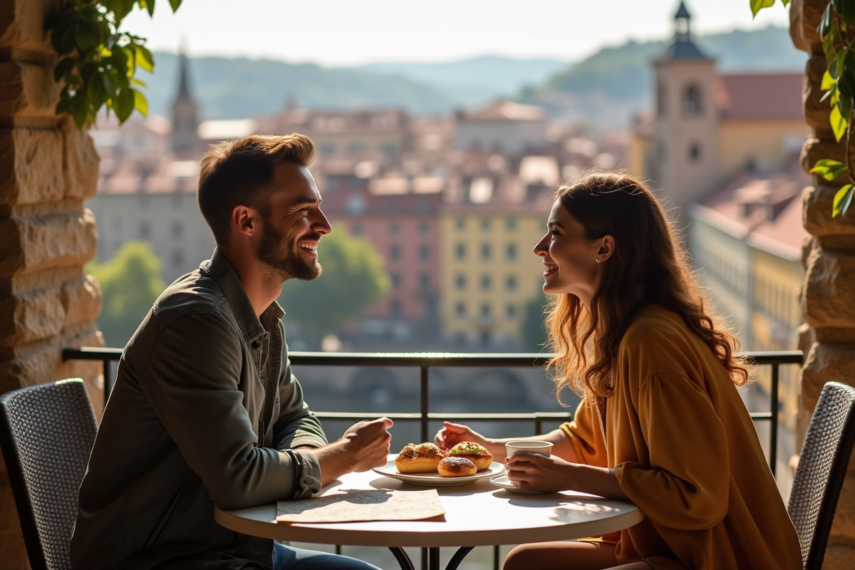 Couple dégustant un café dans une ville européenne charmante