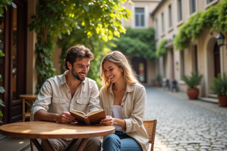 Jeune couple souriant au café en voyage en Europe