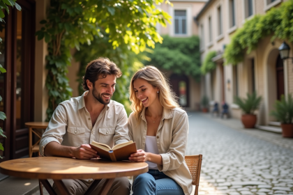 Jeune couple souriant au café en voyage en Europe