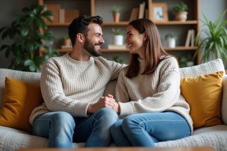 Couple assis sur un canapé en intérieur chaleureux