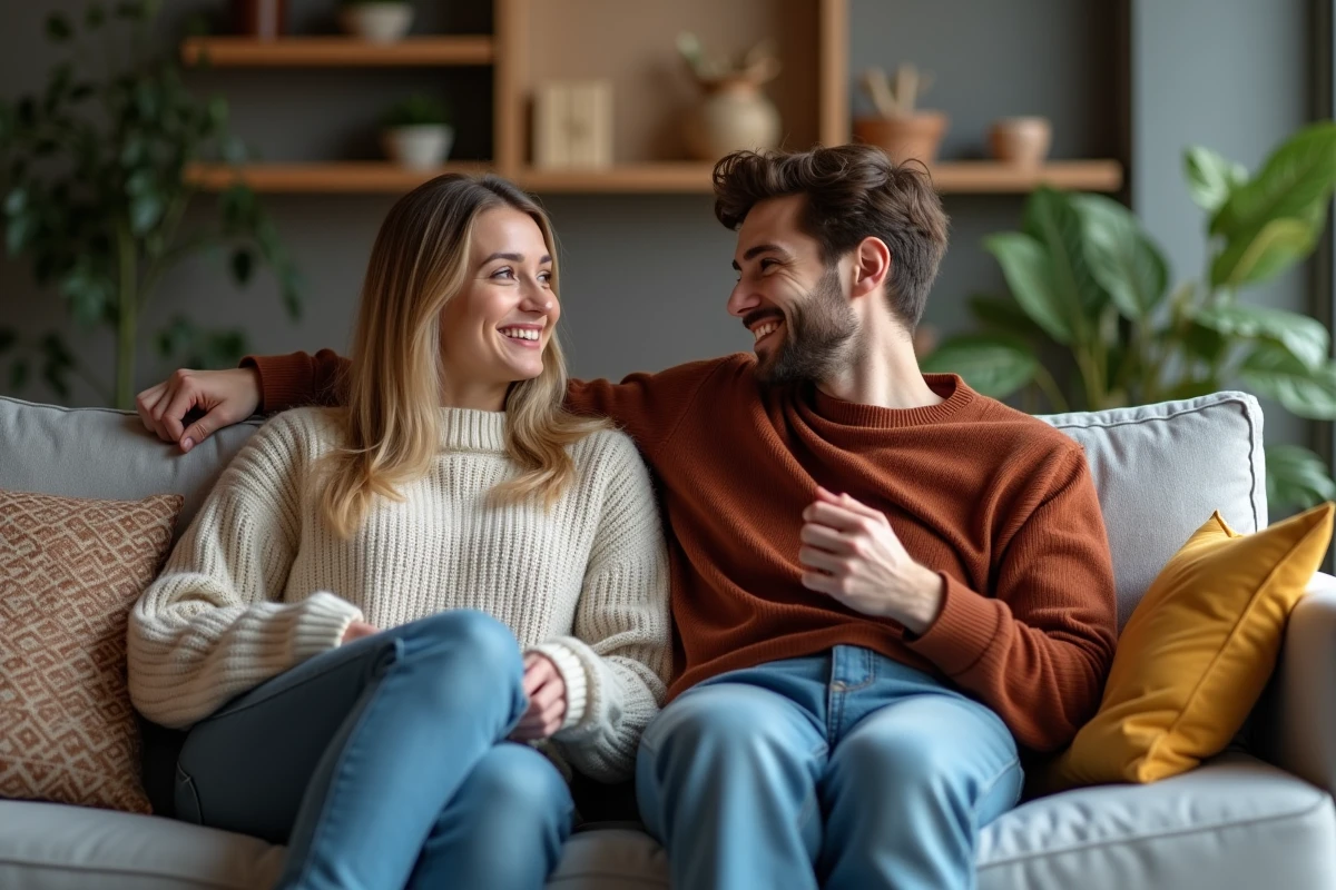 Jeune couple discutant dans un salon cosy
