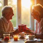 Couple mature échangeant des cadeaux lors d'un petit déjeuner ensoleille