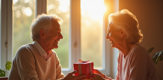 Couple mature échangeant des cadeaux lors d'un petit déjeuner ensoleille