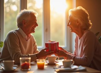 Couple mature échangeant des cadeaux lors d'un petit déjeuner ensoleille