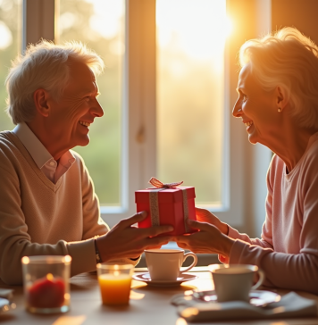 Couple mature échangeant des cadeaux lors d'un petit déjeuner ensoleille