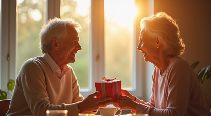 Couple mature échangeant des cadeaux lors d'un petit déjeuner ensoleille