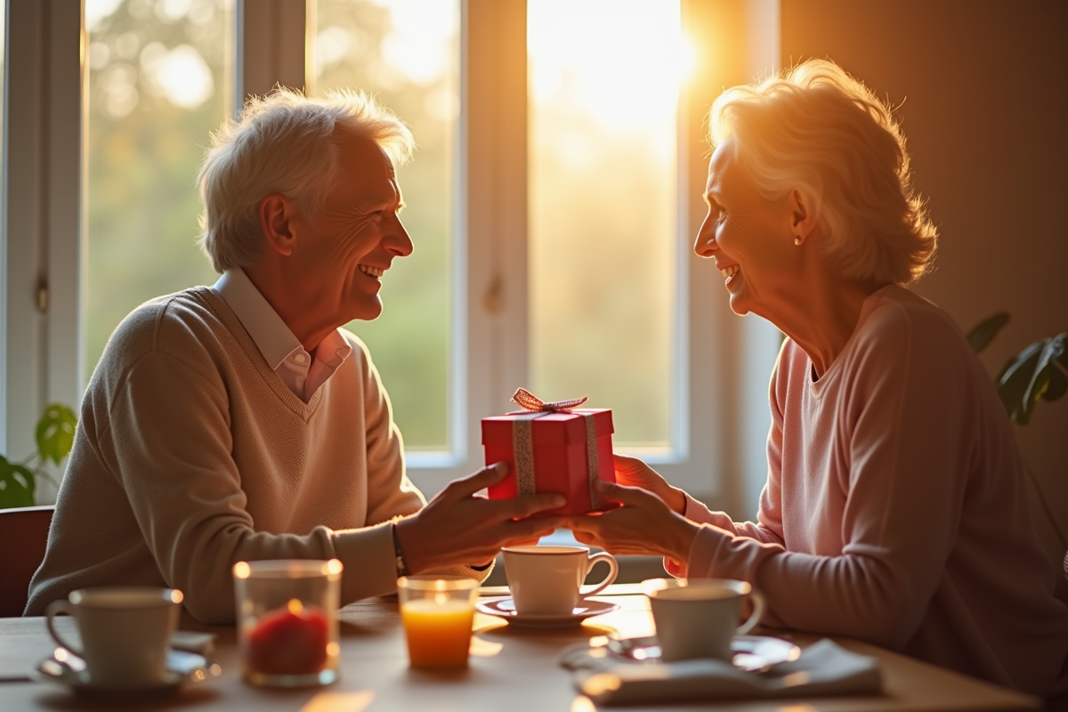 Couple mature échangeant des cadeaux lors d'un petit déjeuner ensoleille
