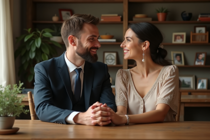 Jeune couple en tenue élégante partageant une conversation sincère